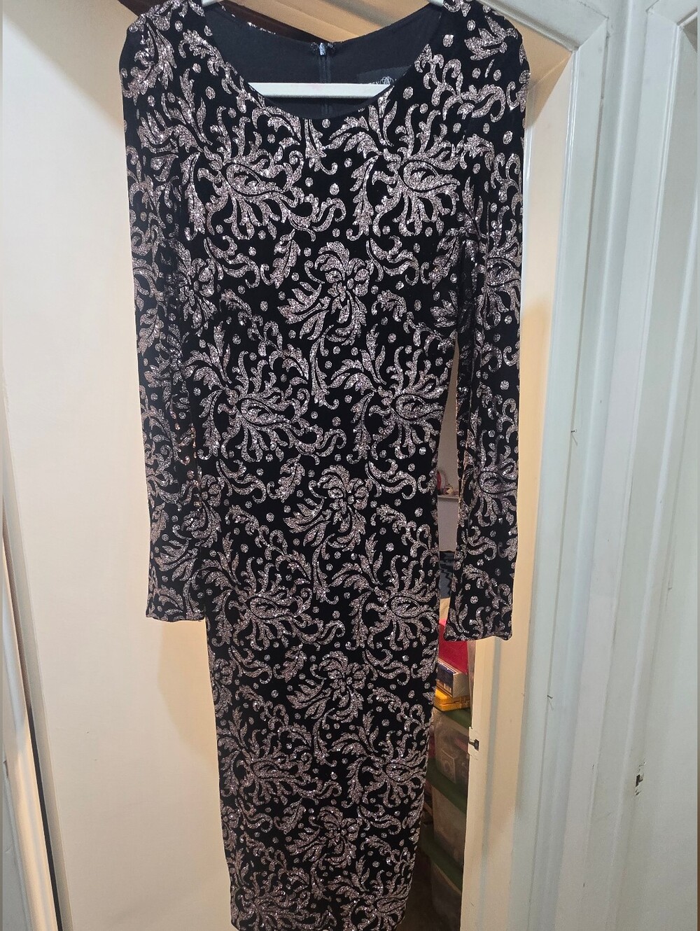 Betsey & Adam Black Long Sleeve Evening Dress with Pink Flower Sequin Design